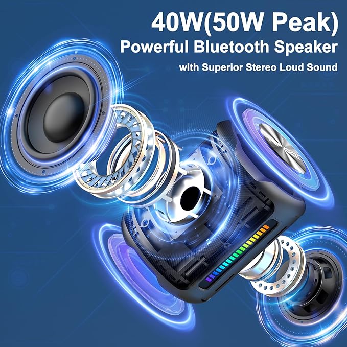 PoP voice Portable Wireless Bluetooth Speaker,40W(50W) Peak Stereo Sound Shower Speaker,IPX7 Waterproof Speaker with Deep Bass,RGB Light,Preset EQ,TWS,for Home/Camping/Gifts, BT5.3 Speaker,Up to 24H