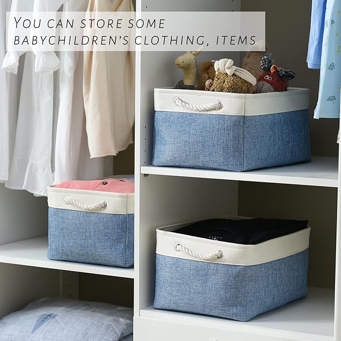 TcaFmac Storage Basket for Organizing - Large 4 Pack Fabric Storage Bins Baskets for Shelves with Ropes, Foldable Storage Cubes for Closet Cloth Toy (White & Blue16x12x8 inch)