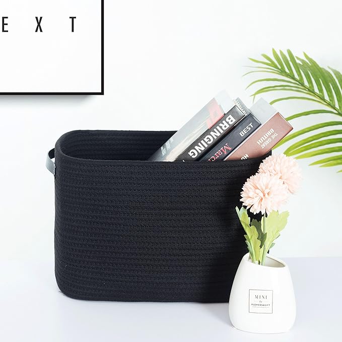 MINTWOOD Design 3-Pack Storage Baskets for Shelves, Decorative Baskets for Organizing, Woven Baskets for Storage, Book Basket Cube Bin Box, Pantry Closet, Shoe Organizer, Black / Black