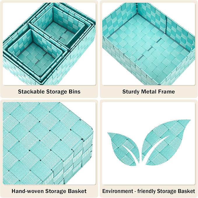 Woven Storage Baskets, Storage Bins, Cube Basket Container Baskets Storage Boxes Organizers for Clothes /Shelves/ Closet, Set of 6 (Aqua)