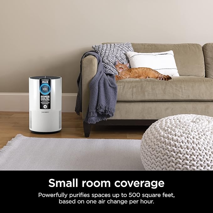 Shark Air Purifier For Home Pets, Allergies, Pet Hair, HEPA Air Filter, 500 Sq Ft, Small Room, Bedroom, Odor Eliminator Clean Sense, Captures 99.98% of Particles, Pet Dander, Fur, Allergens HP102PET