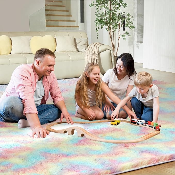 Ultra Soft Rug for Living Room, 4X6 Fluffy Shag Area Rug for Bedroom, Modern Shaggy Carpets Fuzzy Rug for Teens Dorm Nursery Home Decor Aesthetic, Upgrade Anti-Skid Durable, Rainbow