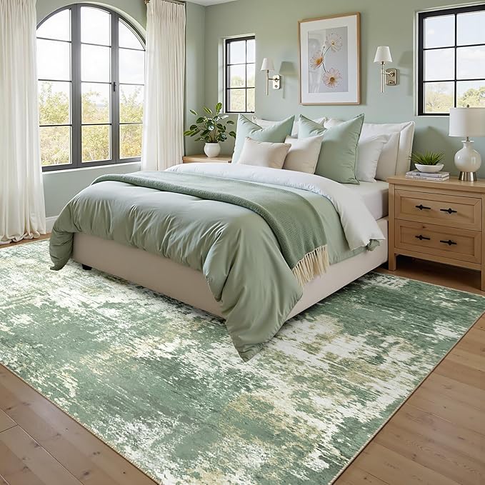 Washable Area Rugs 5'x7' Non-Slip Modern Abstract Soft for Living Room Entryway Bedroom Nursery, Print Pattern, Light Green/Yellow