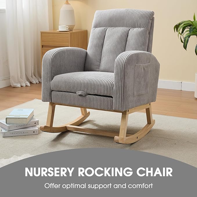 NIOIIKIT Nursery Rocking Chair, Corduroy Upholstered Rocking Chair with Adjustable Footrest, Tufted Rocker Chair with Side Pocket, Glider Rocker for Living Room, Bedroom (Gray Casual)