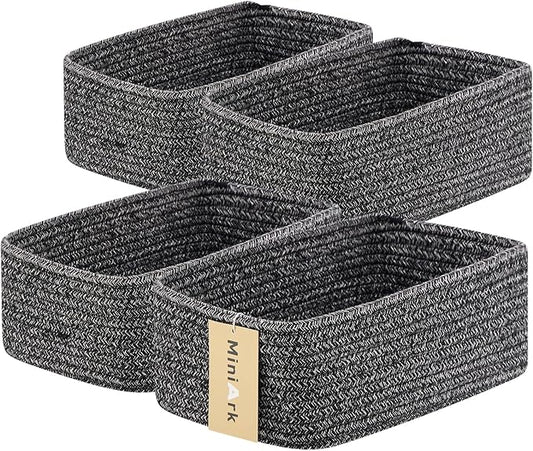 Small Storage Baskets for Organizing | Closet Organizer Bins | Shelf Toy Basket | Woven Rope Baskets | Cube Decorative Box | Shallow Basket | 11.5x7.5x4.7” | 4 Packs Dark Gray
