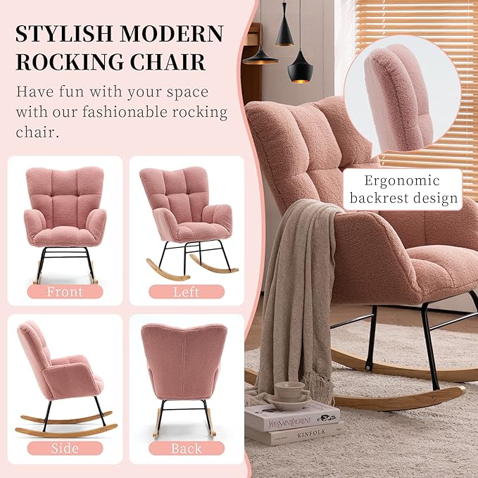 NIOIIKIT Nursery Rocking Chair Teddy Upholstered Glider Rocker Rocking Accent Chair Padded Seat with High Backrest Armchair Comfy Side Chair for Living Room Bedroom Offices (Pink Teddy)