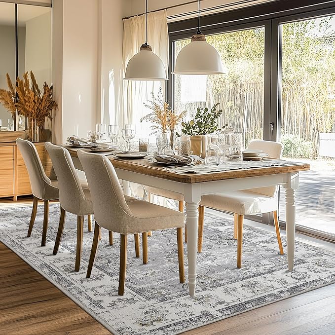 jinchan Washable Area Rug 8x10 for Living Room Soft Faux Wool Ultra-Thin Stain Resistant Non-Slip Distressed Vintage Floral Large Carpet for Bedroom,Dining Room,Home Office,Nursery(Grey, 8'x10')