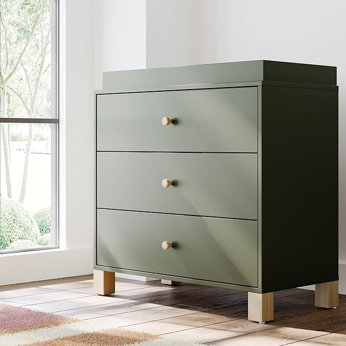 Storkcraft California 3-Drawer Chest with Removable Changing Topper (Olive with Driftwood) – GREENGUARD Gold Certified, Interlocking Drawer System, Pre-Installed Tracks, Easy Assembly