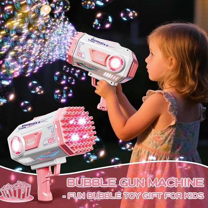 Bubble Gun, Upgraded 125 Holes Bubble Guns for Wedding, Pink Bubble Machine for Kids Age 3 4 5 6 7 8 9 10 11 12 Year Old, Big Bubble Blower Gun with Lights, Halloween Outdoor Party Favors