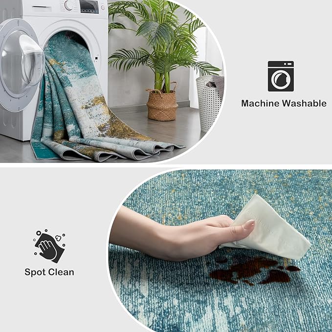 Kelarea 6x9 Area Rugs for Living Room, Washable Abstract Non-Slip Large Rug Stain Resistant Blue Carpet, Low Pile Soft Indoor Rug for Bedroom, Dining Room, Nursery, Kitchen, Home Office