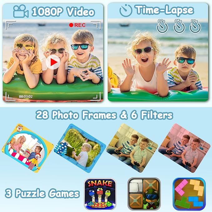 Agoigo Kids Waterproof Camera - Children Underwater HD Video Digital Camcorder, Portable Travel Toy for Toddler - Ideal Christmas Birthday Gifts for Boys Girls Age 3-12 with 32GB Card (Blue)