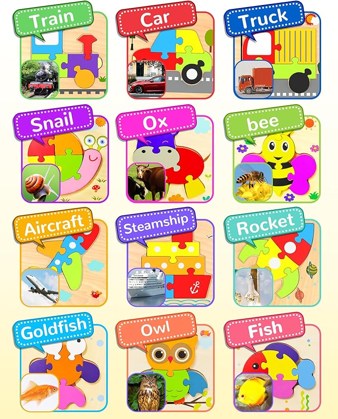 Yetonamr Wooden Toddler Puzzles Gifts Toys for 1 2 3 Years Old Boys Girls, 12 Vehicle Shape Montessori Toy Educational Blocks Kids Toys Gift Baby Learning Toy Age 1-3, 2-4