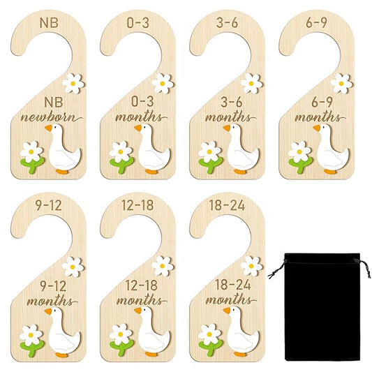 R HORSE Wooden Baby Closet Dividers - 3D White Goose Baby Closet Organizer, 8Pcs Double-Sided Cute Goose Newborn Clothes Size Hanger Dividers, Nursery Decor Birthday Gift for Boy Girl (0-24 Months)