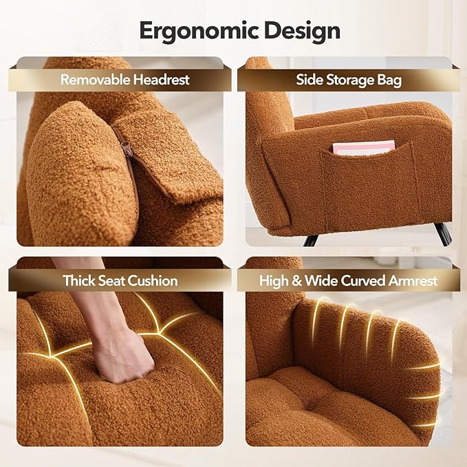 Nursery Rocking Chair,300Lb Glider Chair with Wood Legs/Two Side Pockets,Teddy Upholstered Glider Rocker with Padded Seat High Backrest for Living Room/Bedroom/Nursery