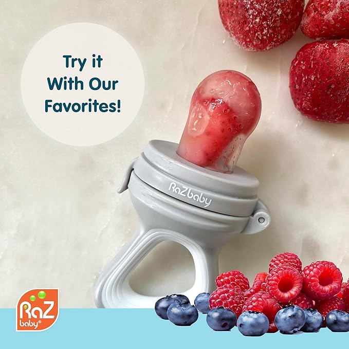 RaZbaby Baby Solids/Frozen Fruit Feeder Pacifier, Infant Teether Toy 6M+, BPA-Free Silicone Pouch & Nipple, Safely Introduce Solids, Natural Teething Relief, Dishwasher Safe, Freezable – Grey/White