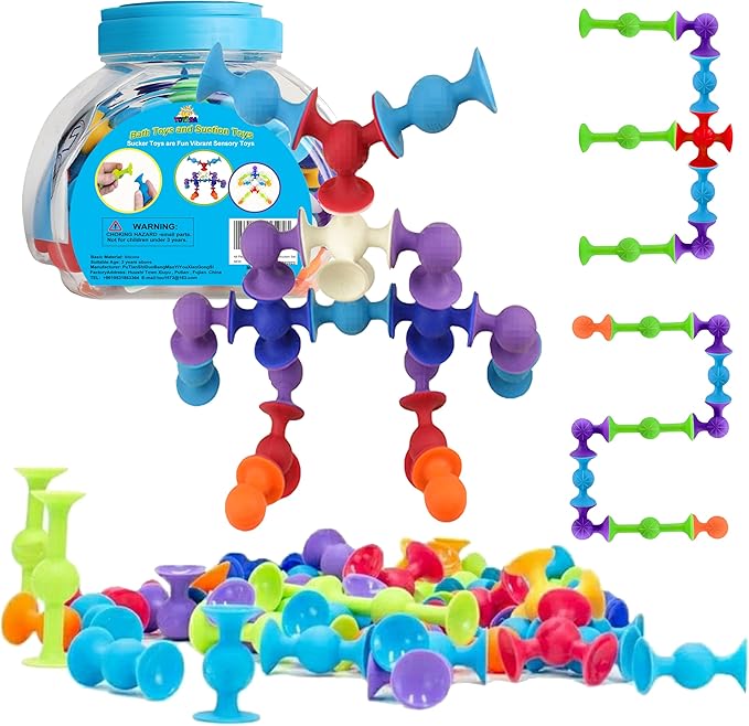 48 Piece Suction Cup Toys Construction Set, Silicone Building Blocks DIY Blocks - Sucker Toy are Fun Bath Toys, Fidget Toys for Toddlers 1-3 Old Boys and Girls