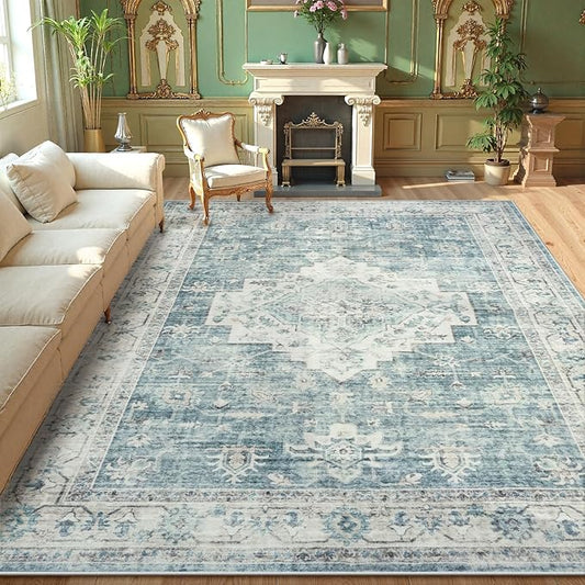 LIVEBOX Washable Area Rug 9x12 Rugs for Living Room Bedroom, Non-Slip Boho Indoor Carpet for Dining Room Office, Low-Pile Farmhouse Soft Carpets for Kids Nursery Room Playroom, Blue