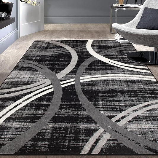 Rugshop Modern Wavy Circles Design Area Rug 8'8" x 12' Black