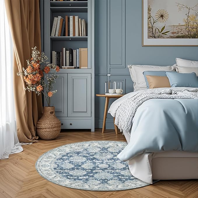 jinchan Round Rug 4ft Area Rug - Indoor Vintage Hallway Circle 4' Washable - Ultra-Thin Low Pile Soft Small Non Slip Distressed Floral Print for Living Room Dining Room Bedroom Entryway Dark Blue