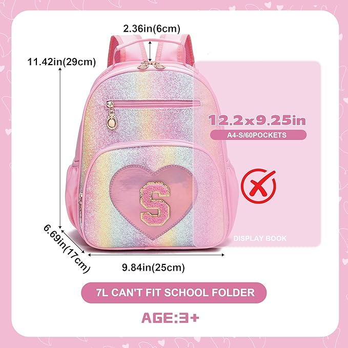 I IHAYNER Kids Glitter Lightweight Backpack for School Travel & Daycare, Toddler Backpack for Girls 3+ Preschool Kindergarten Elementary Kids Backpack-Rainbow Pink S