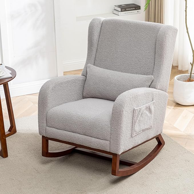 Rocking Chair Nursery with Foot Rest, Wingback Nursery Rocking Chairs, Teddy Nursing Glider Rocker Chair with Pillow and High Back for Nursery, Living Room, Bedroom, Grey