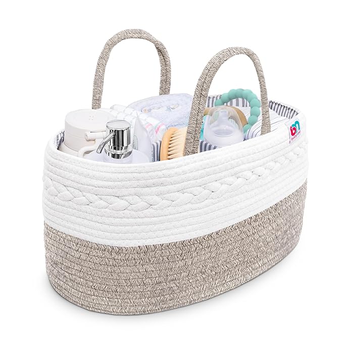 Rope Diaper Caddy - Storage for Baby and Toddler Items - Portable Cotton Organizer Easily Holds Diapers, Wipes, Clothing - Useful for Nursery, Bedroom (Beige, Regular)