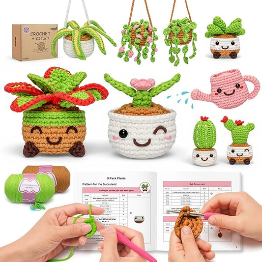 Mewaii Crochet Kit for Beginners,9PCS Crocheting Plant Kit with Step-by-Step Video Tutorial,DIY Easy Knitting Kit with 40% Extra Peasy Yarn for Adults & Kids