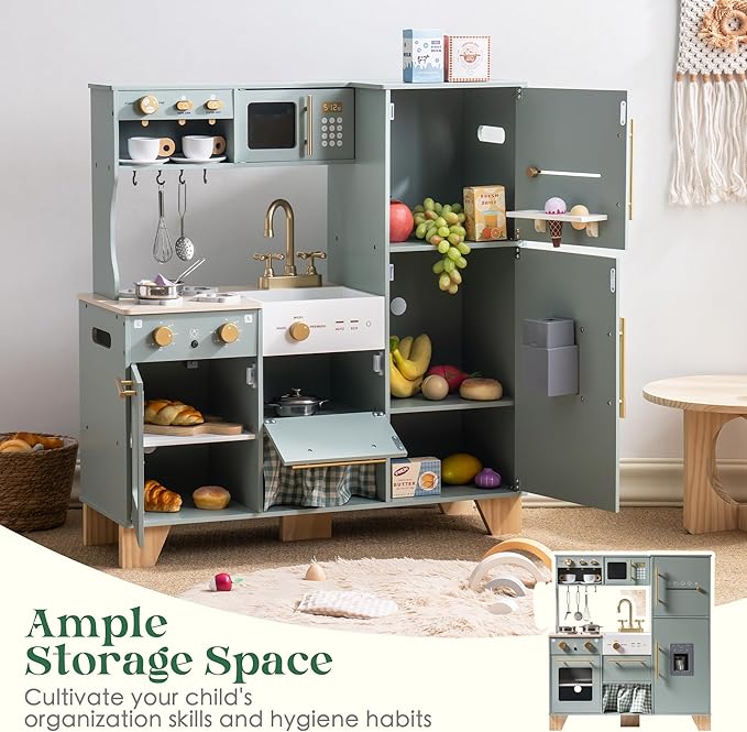 ROBOTIME Play Kitchen for Kids Toddlers, Wooden Pretend Play Kitchen Set Toy with Fridge, Ice Maker, Coffee Maker, Toys Kitchen Gift for 3+ Year Old Kids, Girls & Boys