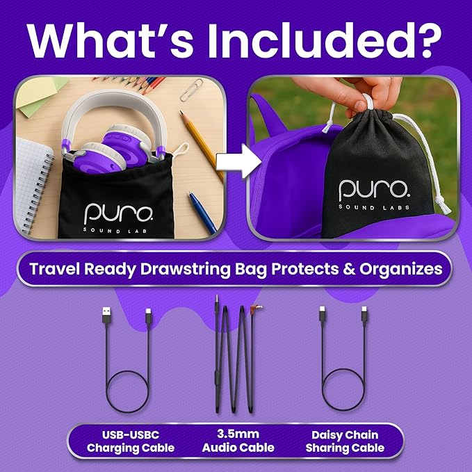 Puro Sound Labs JuniorJam Plus Volume-Limiting Wireless Bluetooth Headphones for Kids, Secure Audio with Adjustable On-Ear Design, 22-Hour Battery, Ideal for Tablets, Smartphones & PCs - Purple