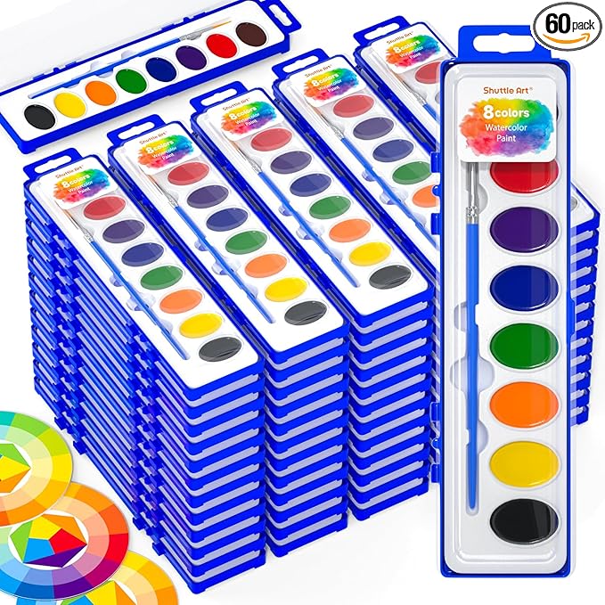 Shuttle Art 8 Colors Watercolor Paint Set, 60 Pack with Paint Brushes & Color Wheels, Washable for Kids & Adults, Suitable for Classroom, Parties, Kindergarten & Art