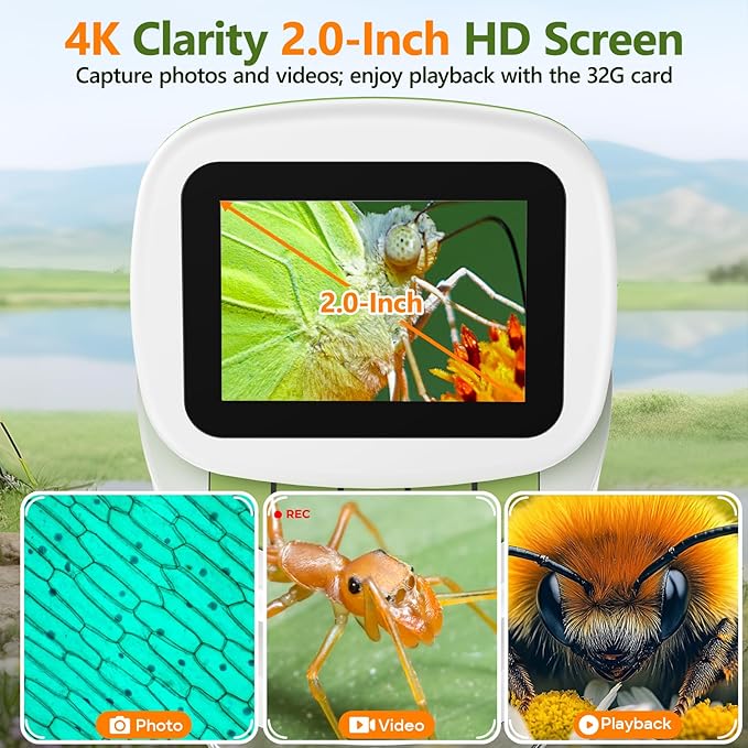 Detachable Kids Handheld Microscope Miniscope - 4K 2.0" HD Screen, 1000X Digital Pocket Toy Microscopes for Boys & Girls Ages 4-12 - Portable Science Stem Kit with Slides Set, 32G Card & EVA Case