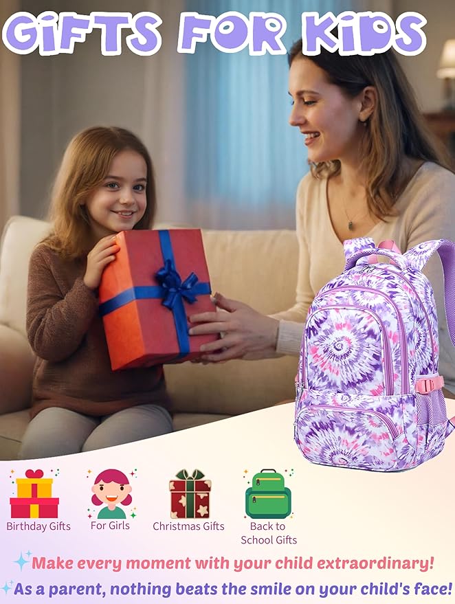 BLUEFAIRY Kids Backpack for Girls Elementary Primary Middle School Bag for Aged 8-10 for Teens Childs Bookbag Back to School Bag Mochilas Escolares para Niñas de 7 8 9 10 Tie-dye Purple
