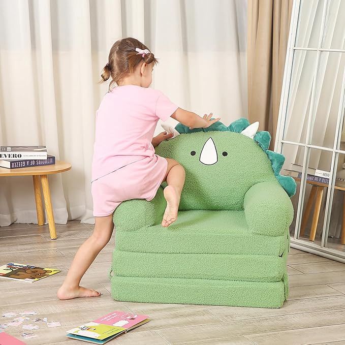 Foldable Kids Sofa, Triceratops Toddler Couch with Tri Folding Foam Cushions, Comfy Kids Couch for Age 3-6