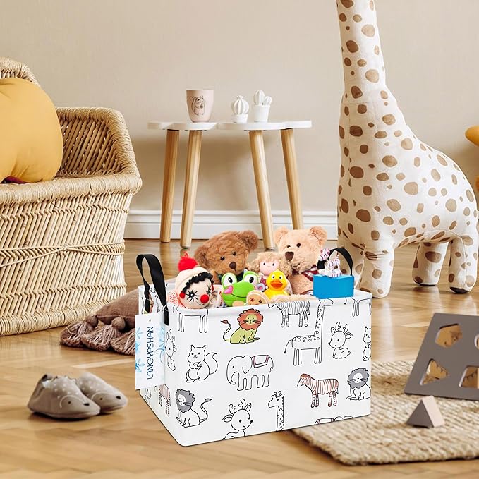 LANGYASHAN Rectangular Storage Bin Collapse Canvas Fabric Cartoon Storage Basket with Handles for Organizing Home Kitchen Boys and Girls Toys Office Closet Shelf Baskets (Rec Simplified Zoo)