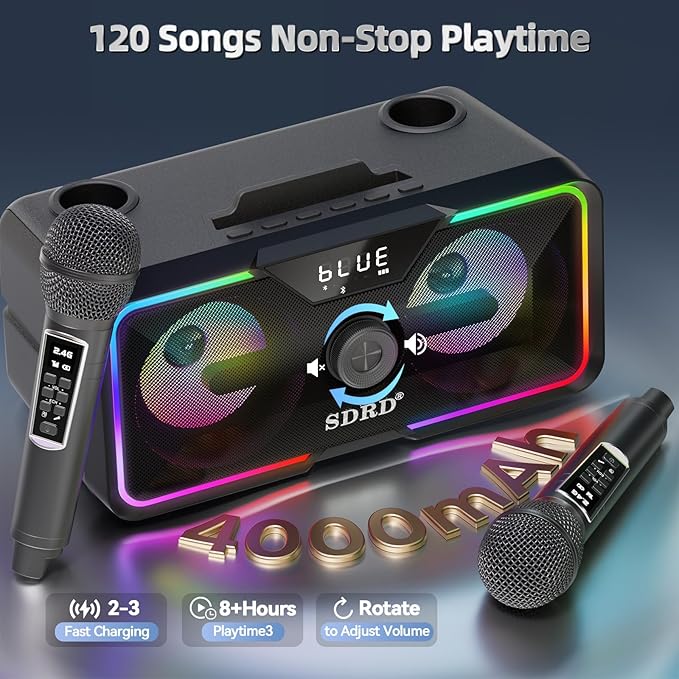 SD-215 Bluetooth Karaoke Machine for Adults & Kids- 2 Wireless Mics, 80W Powerful Sound, Rechargeable,15-Hour Playing, 6500mAh, LED Lights, Supports BT/USB/AUX for Home Parties Outdoor Gatherings
