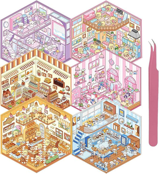 DIY 3D Sticker Scene, 6 Sets of Cute Miniature Isometric Stickers for Kids Adult Therapy Scenes Sticker Reuseable and Waterproof Stickers for Girl