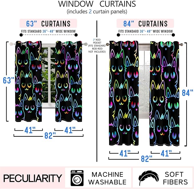 Cat Blackout Curtains for Girls - 2Pcs Cute Cartoon Cat Patterns Curtain Panels for Girls Bedroom Lovely Cats Drapes Darkening Window Curtain for Living Room Bedroom, 82" x 84"