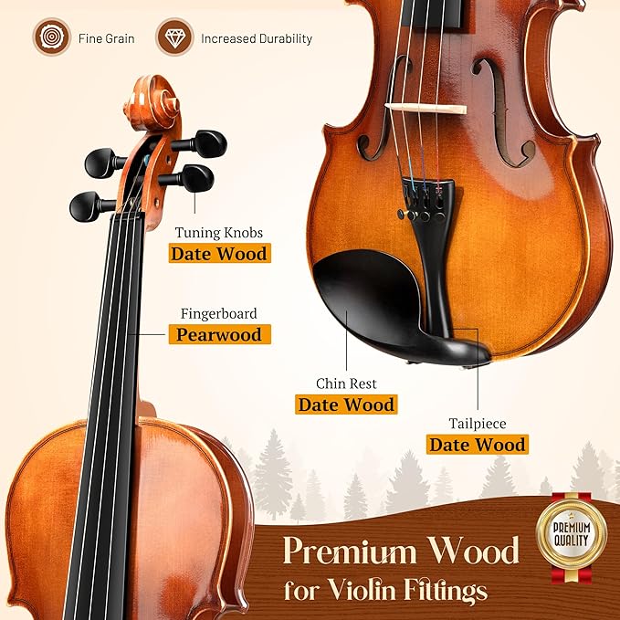 CAHAYA Violin 4/4 Full Size - Full Wooden Violin Set for Beginners Kids Adults Students Violin Kit with Hard Travel Case, Shoulder Rest, Extra Strings, Tuner