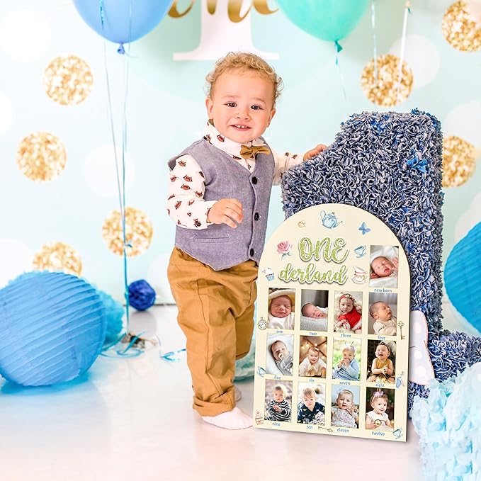 R HORSE My First Year Photo Frame Board, 3D Onederland Tea Party Birthday Decorations Display Wood Board, Baby First Year Picture Frame 12 Months Milestone 1st Birthday Nursery Decor Gift for Girl