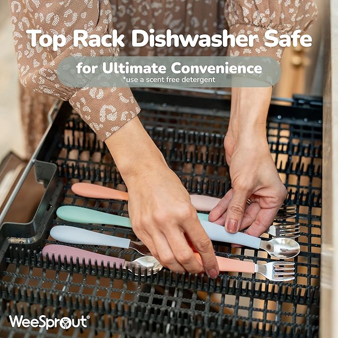 WeeSprout Toddler Utensils, 3 Forks & 3 Spoons, 18/8 Stainless Steel & Food Grade Silicone, Thick Easy-Grip Handles, Perfect Length For New Self Feeders, Gentle On Gums & Teeth, Dishwasher Safe