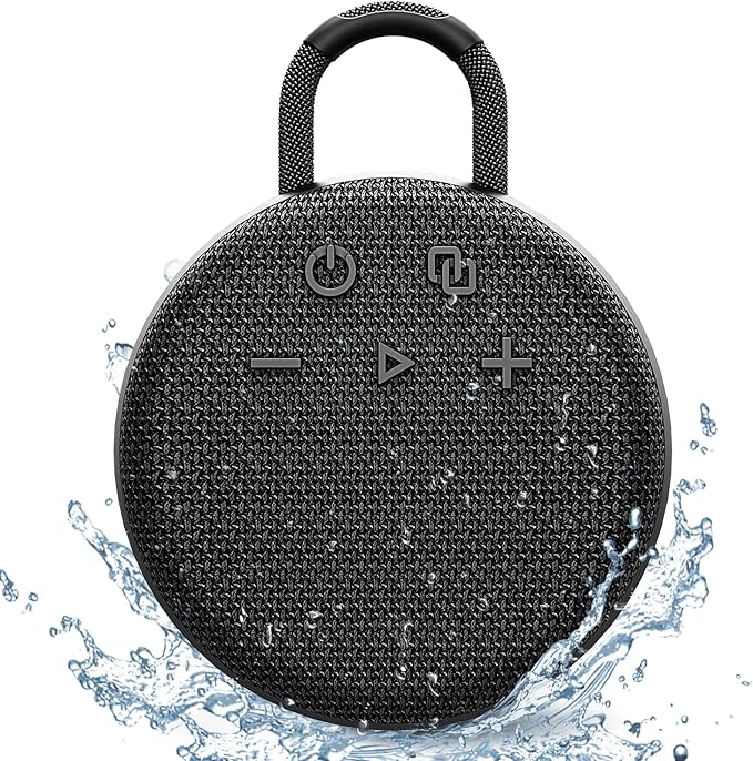 MusiBaby Mini Bluetooth Speaker – Bluetooth 5.3 with 6956C Chipset, IPX7 Waterproof, Rubberized Shell, Clip-On Lanyard, Ultra-Portable for Shower, Pool, Teens, Backpack, Gifts (Black)