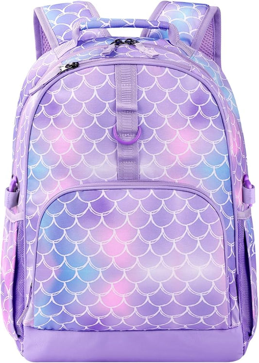 Choco Mocha Mermaid Backpack for Girls, Elementary School Backpack for Girls Ages 6-8 Kids Kindergarten Backpack Bookbag 17 Inch with Chest Strap, Purple