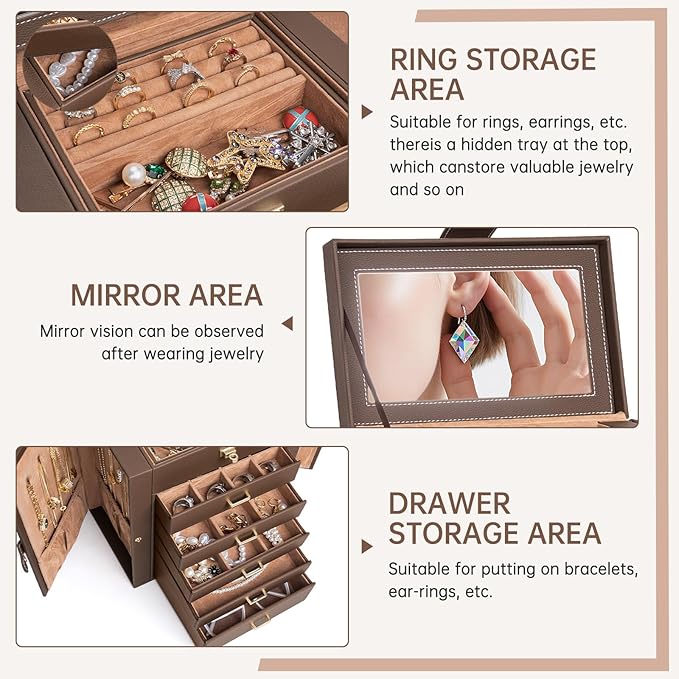 AKOZLIN 6-Tier Jewelry Box Organizer Functional 5 Drawers Leather Jewelry Storage Case for Women Girls Ring Necklace Earring Bracelet Holder Organizer with Mirror Brown