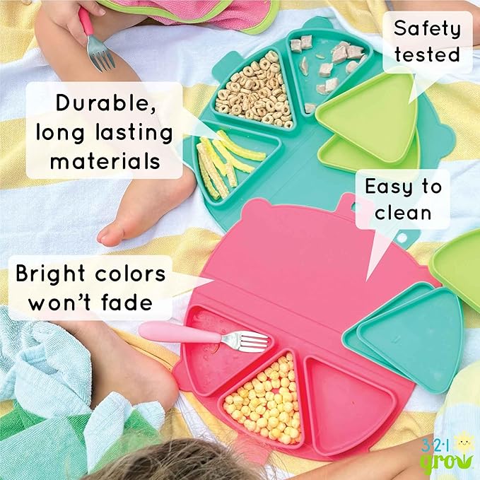 Silicone On-The-Go Snack Mat – Foldable Reusable Placemat with 3 Compartments and Lids – Travel-Friendly Baby and Toddler Snack Plate – Dishwasher Safe (Ocean)