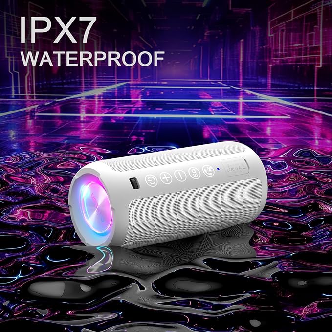 Ortizan Portable Bluetooth Speaker: IPX7 Waterproof, 24W Loud Sound, Deep Bass, Bluetooth 5.3, LED Lights, Wireless Stereo Pairing, 30H Playtime, for Home/Outdoor/Party/Beach, Birthday Gift (White)