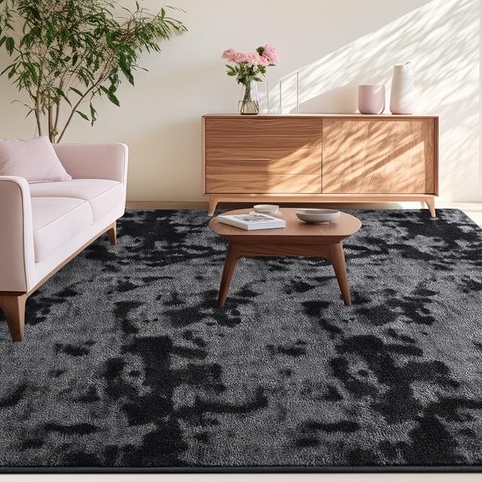 Kimicole 7x10 Washable Area Rugs for Living Room Bedroom, Large Low Pile Ulta-Thin Solid Color Rug, Non-Slip Soft Fluffy Carpet for Nursery Kids Room Dorm Room Home Decor (Dark Grey)