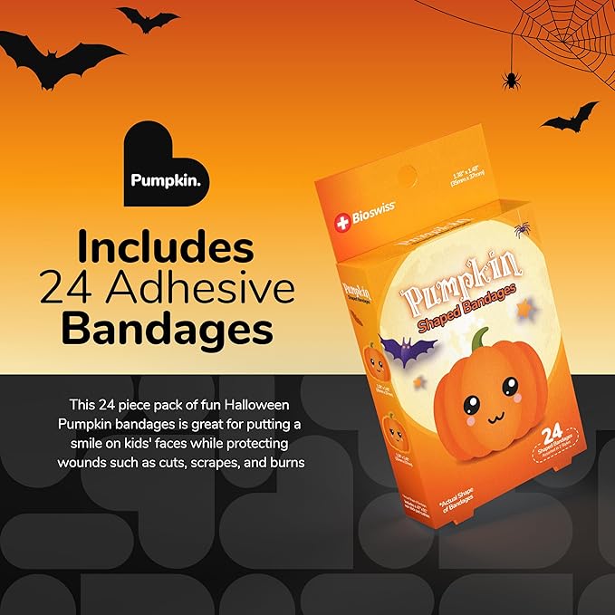 BioSwiss Bandages, Halloween Pumpkin Shaped Self Adhesive Bandage, Latex Free Sterile Wound Care, Fun First Aid Kit Supplies for Kids, 24 Count