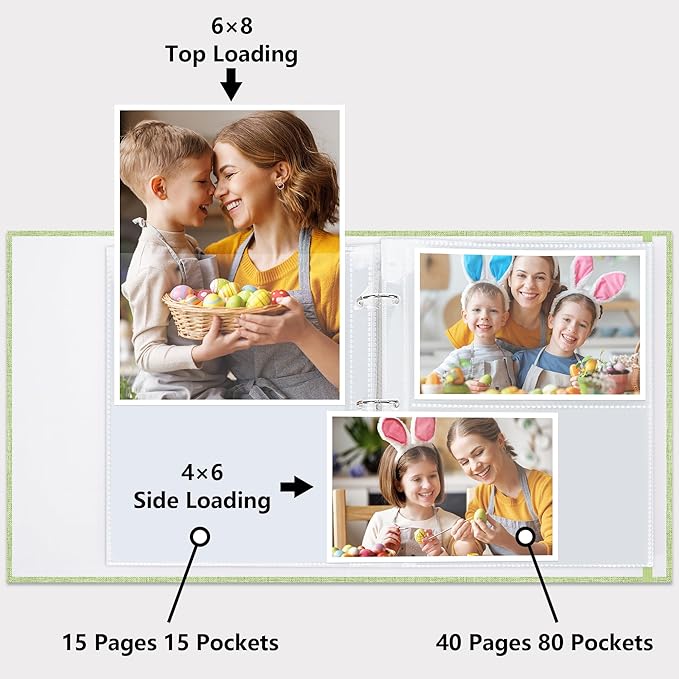 Vienrose Linen 3-Ring Photo Album Holds 190 Photos, 160 4x6 Photos and 30 6x8 Pictures, Picture Album with Multiple Size Pockets, Memory Book for Family Wedding Anniversary Baby, Green