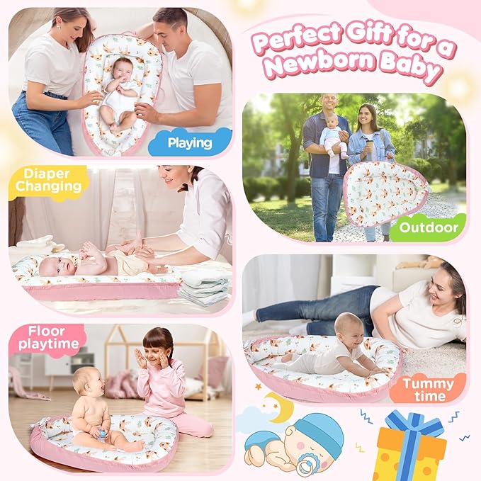 Baby Lounger - Baby Lounger for Newborn 0-24 Months, Breathable and Soft Cotton Cover Baby Nest, Portable Cozy Tummy Time Lounger for Home and Travel, Ideal Baby Essentials & Shower Gifts