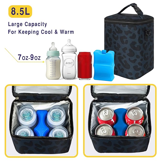 Breastmilk Cooler Bag with Ice Pack Fits 4 Bottles Up To 9 Ounce Insulated Breast Milk Cooler on the Go with Strap Baby Bottle Cooler Bag for Nursing Mom Daycare or Travel